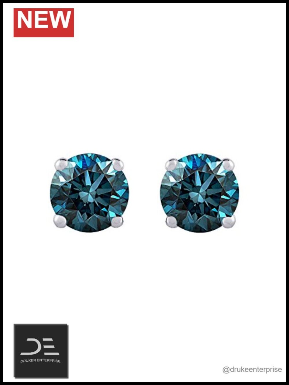 Blue Diamond Stud Earrings for Women - 14K Gold Round Cut Prong Set